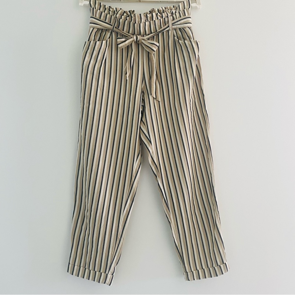 Zara Trf Boho Striped Paperbag Waist Pull-on Cropped Pants Sz M